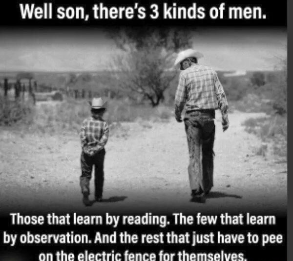 Well son, there’s 3 kinds of men. Those that learn by reading. The few that learn by observation. And the rest that just have to pee on the electric fence for themselves.