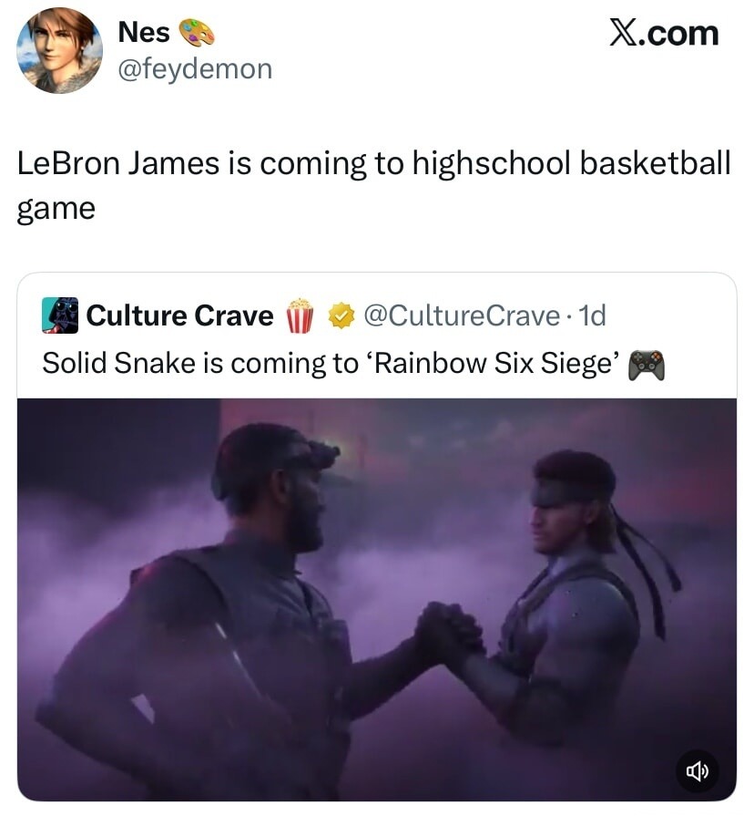 LeBron James is coming to highschool basketball game
Solid Snake is coming to ‘Rainbow Six Siege’