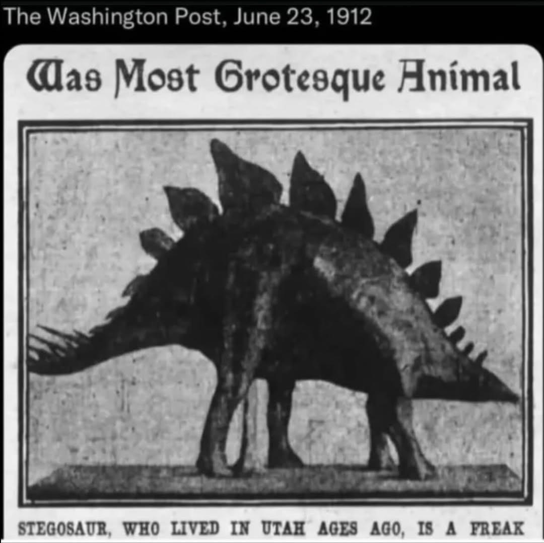 The Washington Post, June 23, 1912
Was Most Grotesque Animal
Stegosaur, who lived in Utah ages 40, is a freak