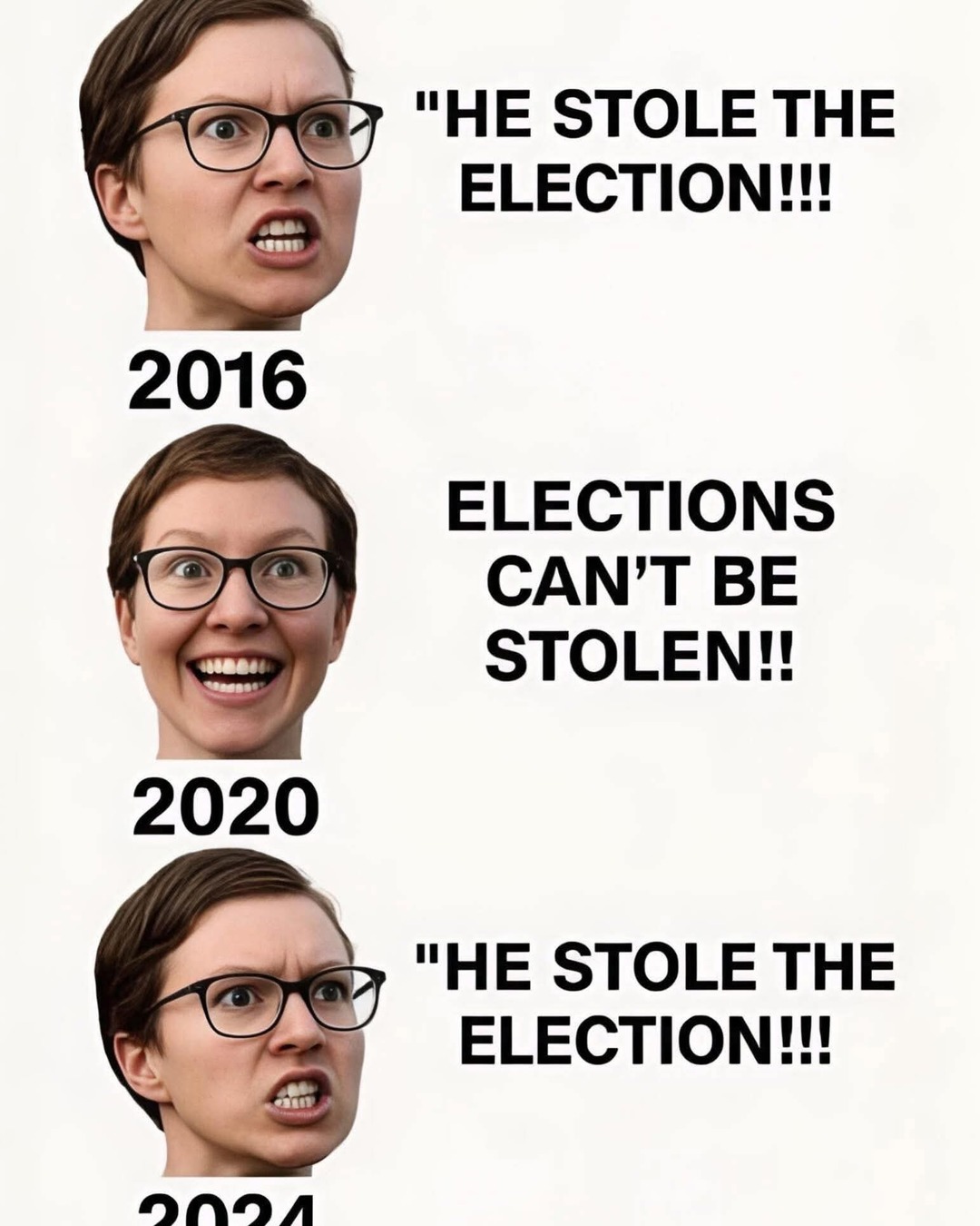 HE STOLE THE ELECTION!!!
2016
ELECTIONS CAN'T BE STOLEN!!
2020

