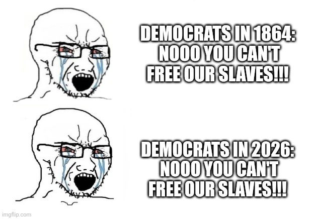 DEMOCRATS IN 1864: NOOO YOU CAN'T FREE OUR SLAVES!!!
DEMOCRATS IN 2026: NOOO YOU CAN'T FREE OUR SLAVES!!!
