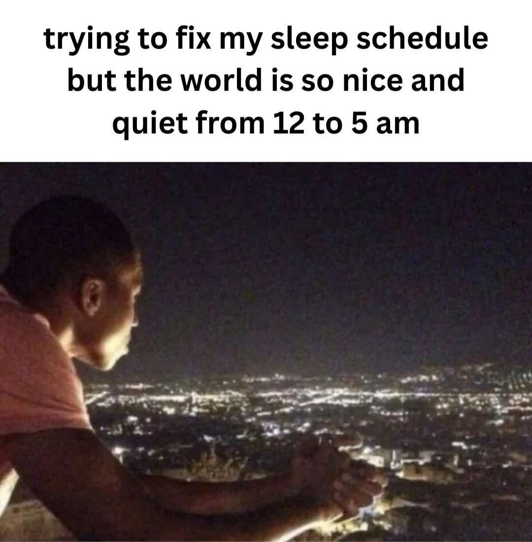 trying to fix my sleep schedule but the world is so nice and quiet from 12 to 5 am