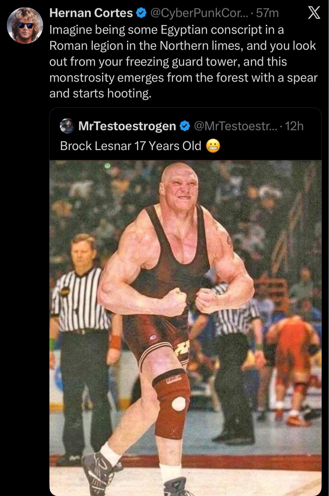 Imagine being some Egyptian conscript in a Roman legion in the Northern limes, and you look out from your freezing guard tower, and this monstrosity emerges from the forest with a spear and starts hooting. Brock Lesnar 17 Years Old 😬