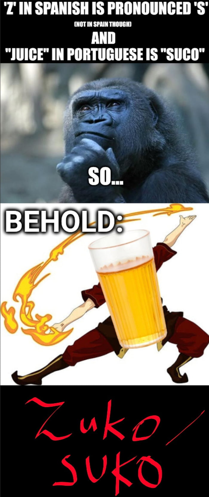 'Z' IN SPANISH IS PRONOUNCED 'S' (NOT IN SPAIN THOUGH) AND 'JUICE' IN PORTUGUESE IS 'SUCO' SO... BEHOLD: ZUKO / SUKO