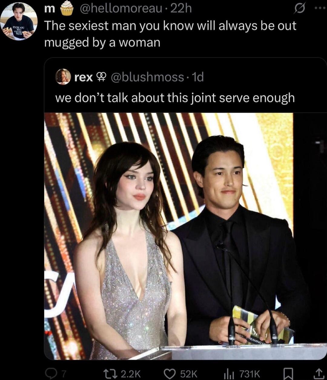 The sexiest man you know will always be out mugged by a woman
we don’t talk about this joint serve enough