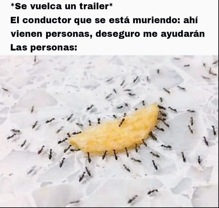 *Se vuelca un trailer*
El conductor que se está muriendo: ahí vienen personas, deseguro me ayudarán
Las personas: