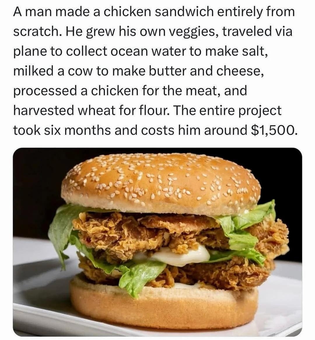 A man made a chicken sandwich entirely from scratch. He grew his own veggies, traveled via plane to collect ocean water to make salt, milked a cow to make butter and cheese, processed a chicken for the meat, and harvested wheat for flour. The entire project took six months and costs him around $1,500.