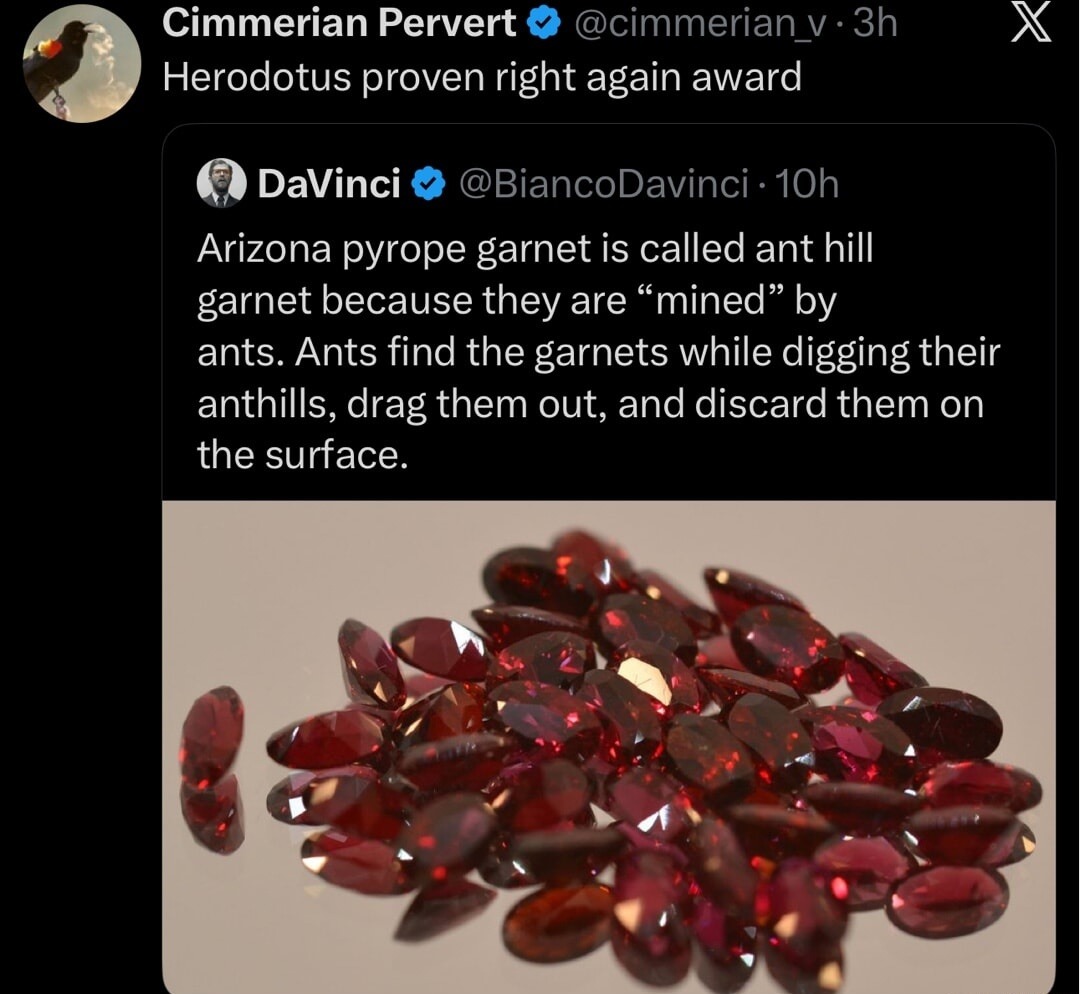 Cimmerian Pervert @cimmerian_v 3h Herodotus proven right again award
DaVinci @BiancoDavinci 10h: Arizona pyrope garnet is called ant hill garnet because they are “mined” by ants. Ants find the garnets while digging their anthills, drag them out, and discard them on the surface.