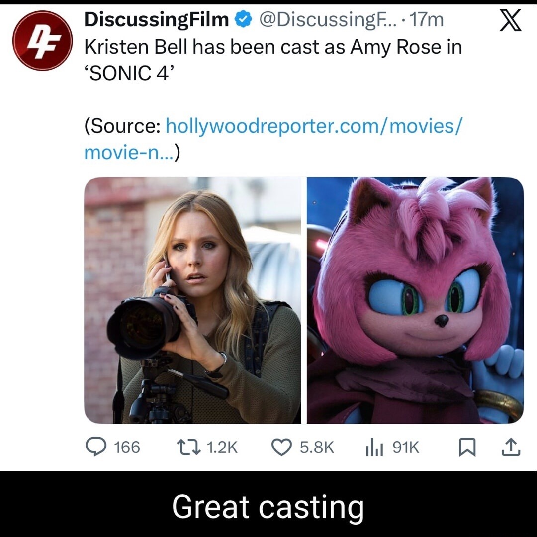 DiscussingFilm Kristen Bell has been cast as Amy Rose in ‘SONIC 4’ (Source: hollywoodreporter.com/movies/movie-n…) Great casting