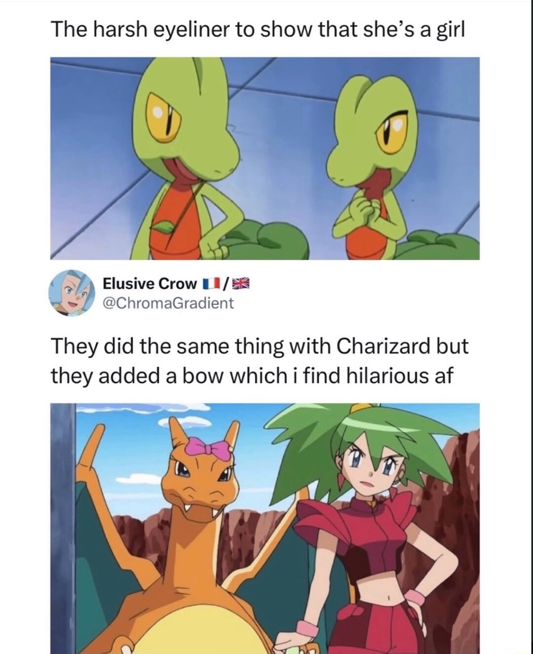 The harsh eyeliner to show that she's a girl
They did the same thing with Charizard but they added a bow which i find hilarious af