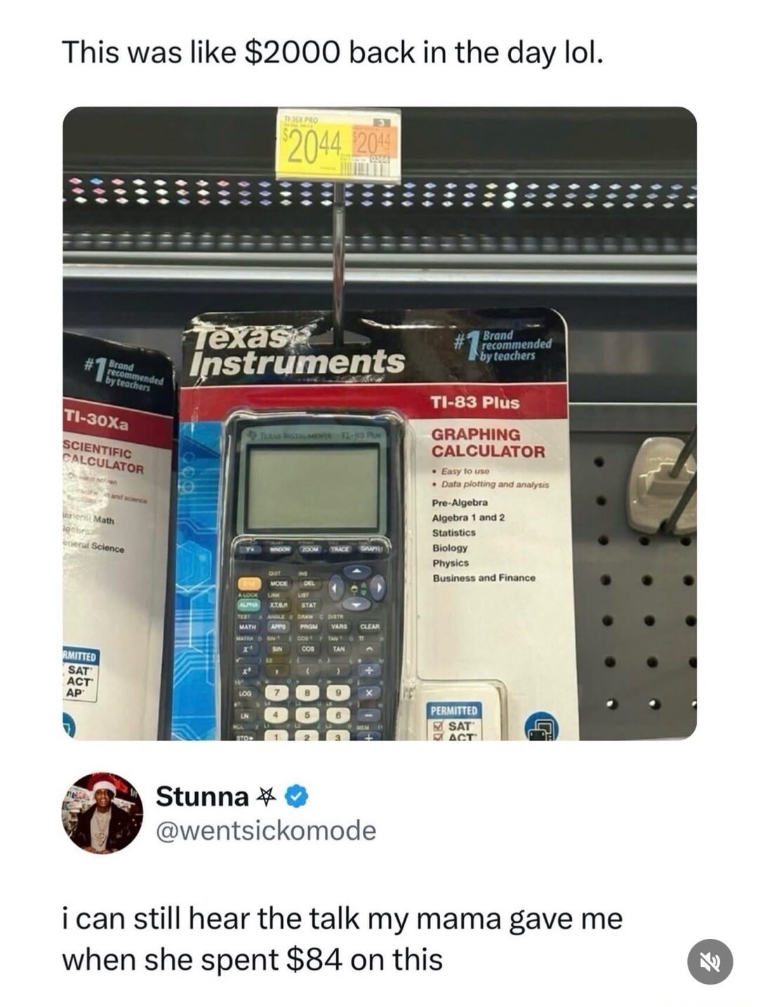 This was like $2000 back in the day lol.
Texas Instruments TI-83 Plus Graphing Calculator package image.
I can still hear the talk my mama gave me when she spent $84 on this