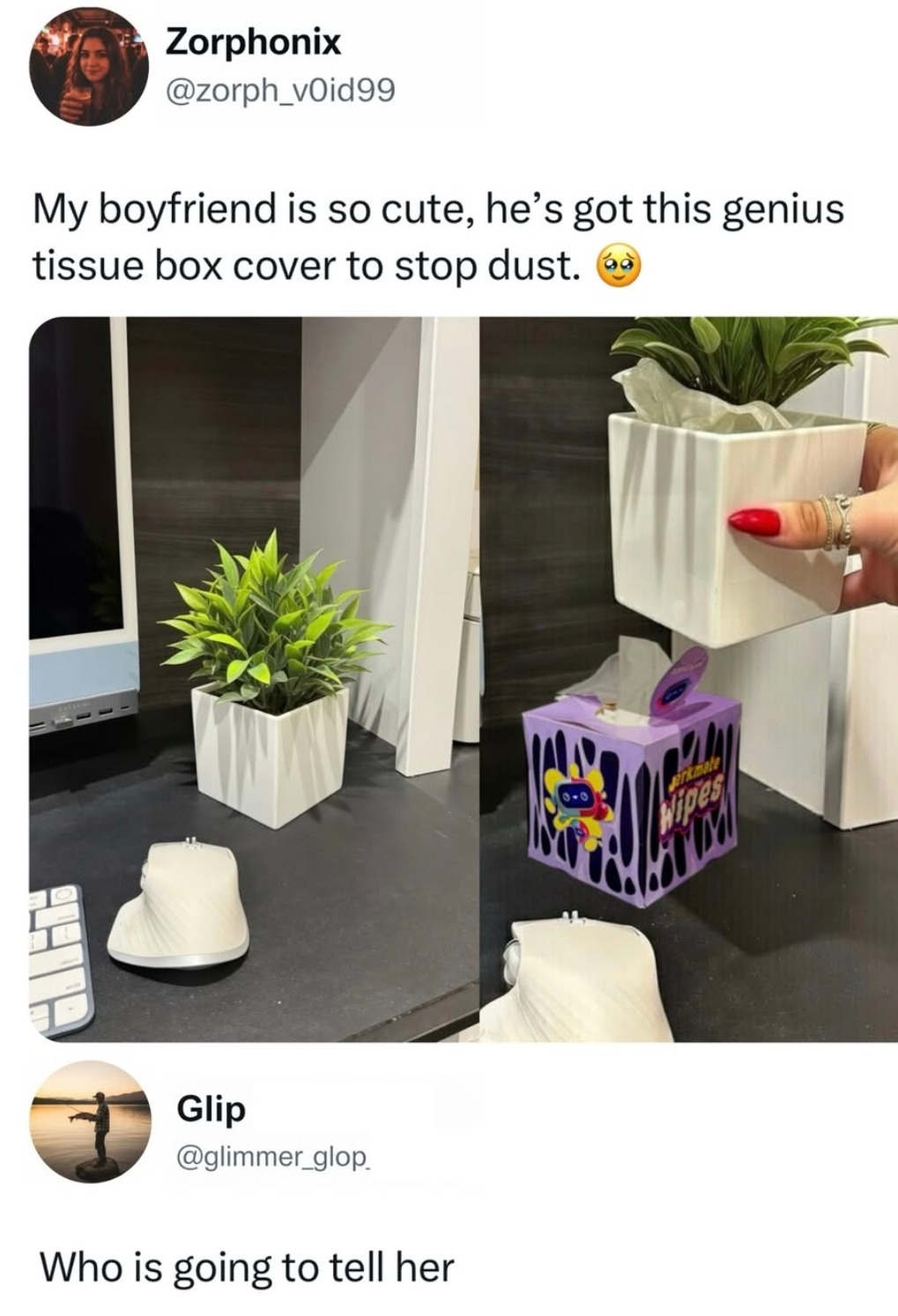 My boyfriend is so cute, he’s got this genius tissue box cover to stop dust. 😢 Who is going to tell her
Session ID: 9836.