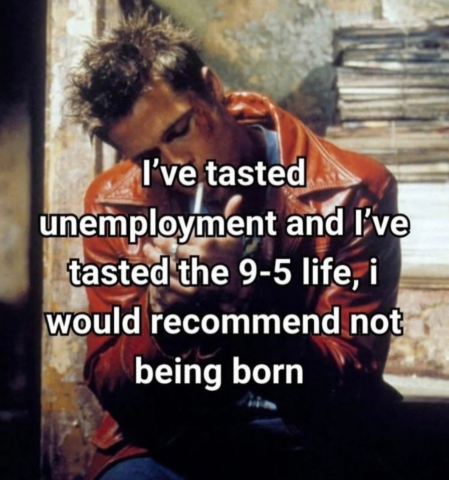 I've tasted unemployment and I've tasted the 9-5 life, I would recommend not being born