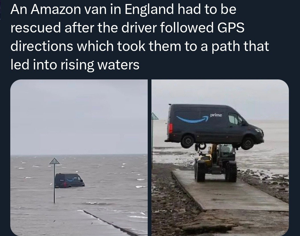 An Amazon van in England had to be rescued after the driver followed GPS directions which took them to a path that led into rising waters
