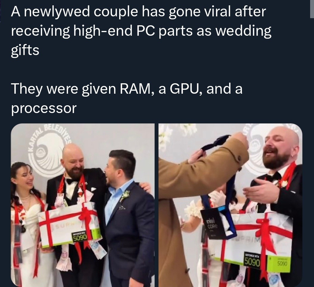 A newlywed couple has gone viral after receiving high-end PC parts as wedding gifts They were given RAM, a GPU, and a processor