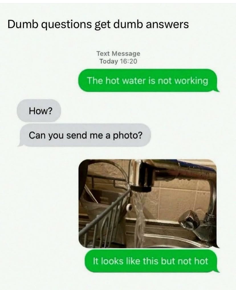 Dumb questions get dumb answers
Text Message
Today 16:20
The hot water is not working
How?
Can you send me a photo?
It looks like this but not hot