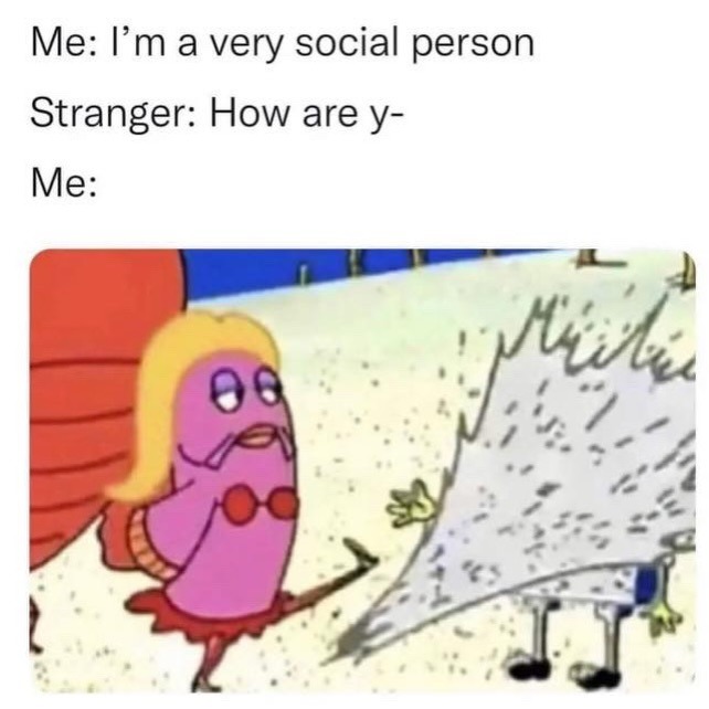 Me: I’m a very social person
Stranger: How are y-
Me:
