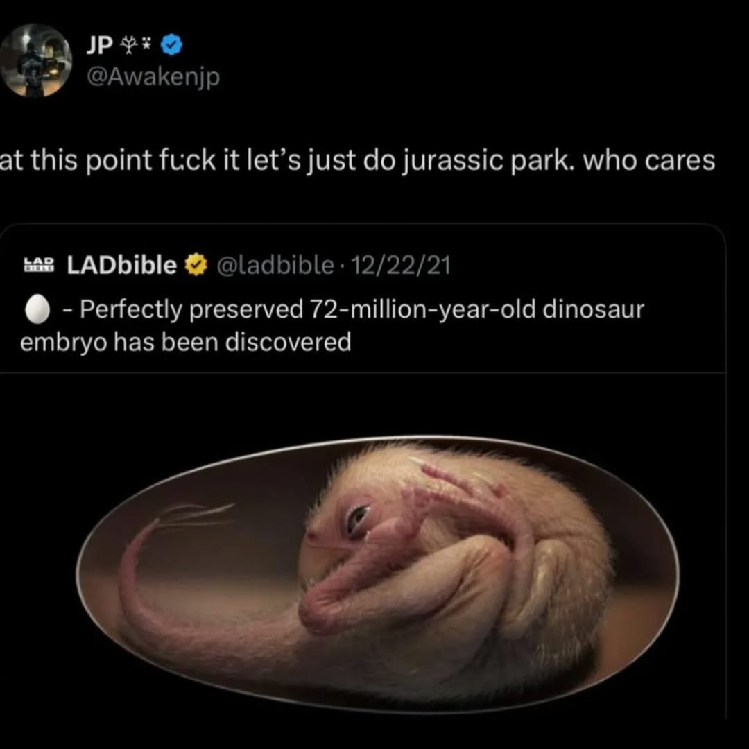 at this point f*ck it let’s just do jurassic park. who cares
- Perfectly preserved 72-million-year-old dinosaur embryo has been discovered