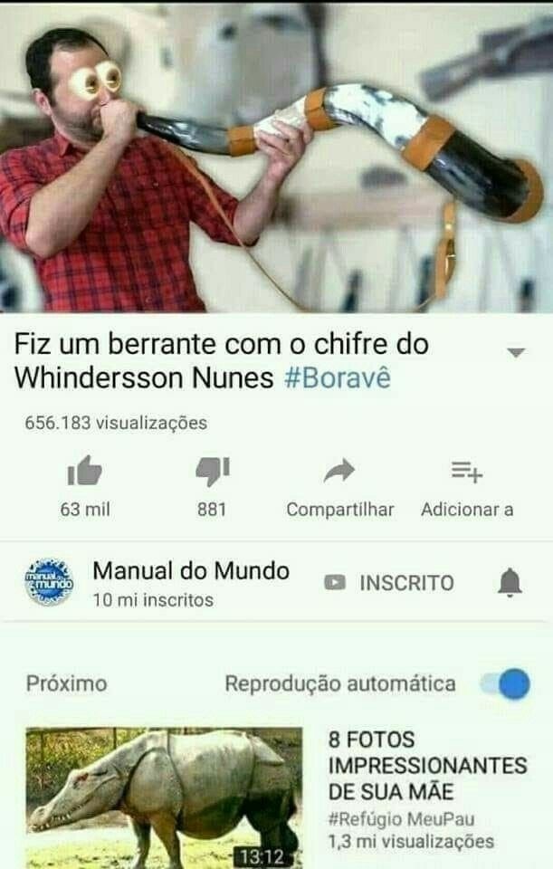 Fiz um berrante com o chifre do Whindersson Nunes #Boravê
656.183 visualizações
63 mil curtidas
881 não curtidas
Compartilhar
Adicionar a
Manual do Mundo