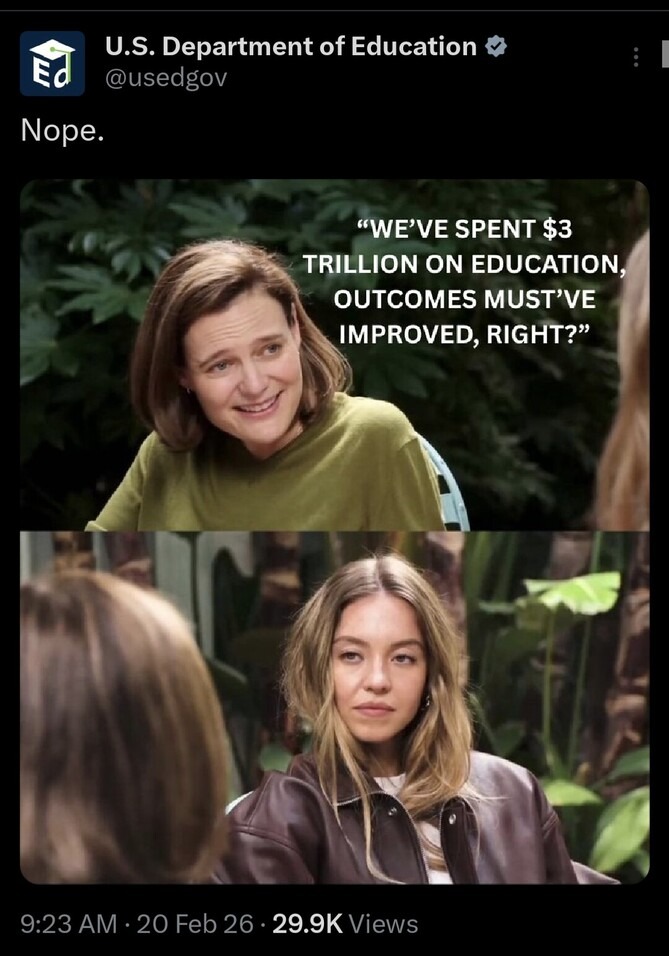 Nope. WE'VE SPENT $3 TRILLION ON EDUCATION, OUTCOMES MUST'VE IMPROVED, RIGHT?