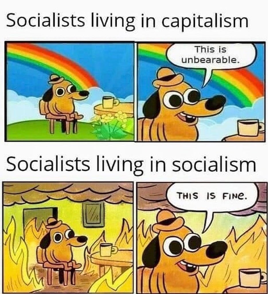 Socialists living in capitalism This is unbearable. Socialists living in socialism THIS IS FINE.