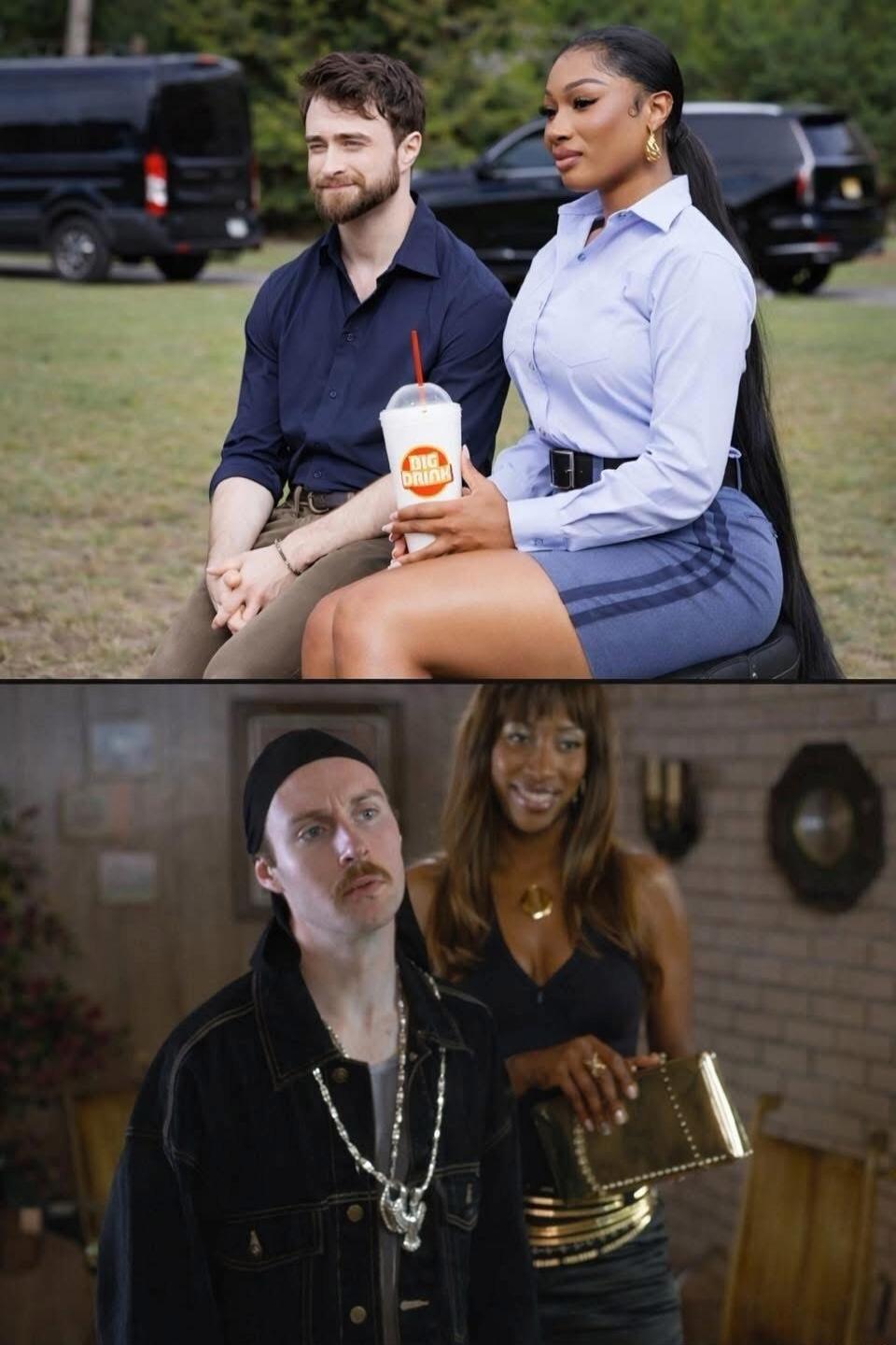Two people are sitting outdoors with a large drink between them in the top image. The man on the left has a beard and is wearing a dark shirt. The woman on the right is wearing a light blue blouse and a blue skirt, sitting with a confident pose. In the bottom image, a man with a mustache wearing a black beanie and jacket stands in the foreground, w