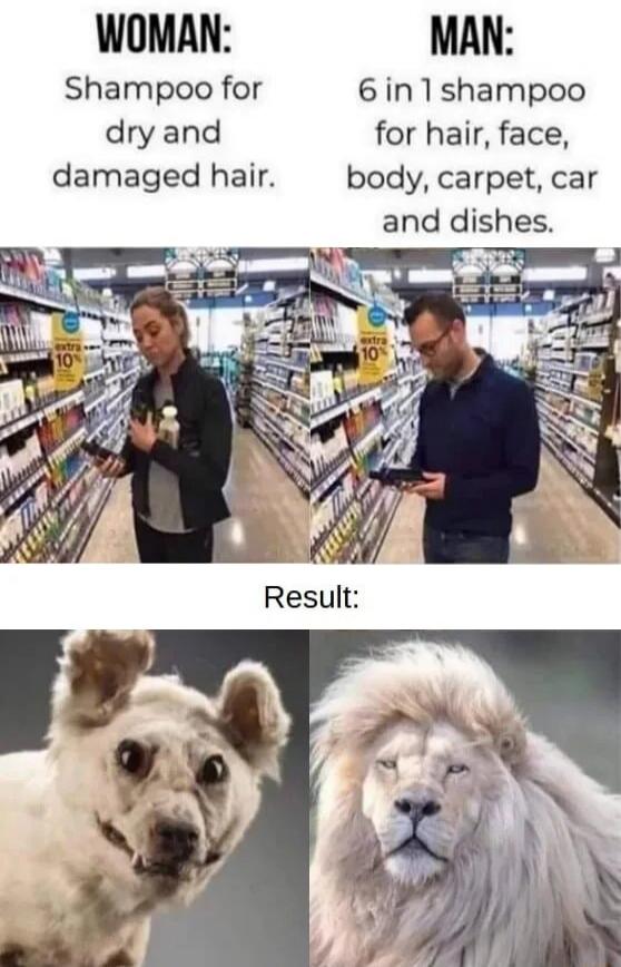 WOMAN: Shampoo for dry and damaged hair.
MAN: 6 in 1 shampoo for hair, face, body, carpet, car and dishes.
Result: