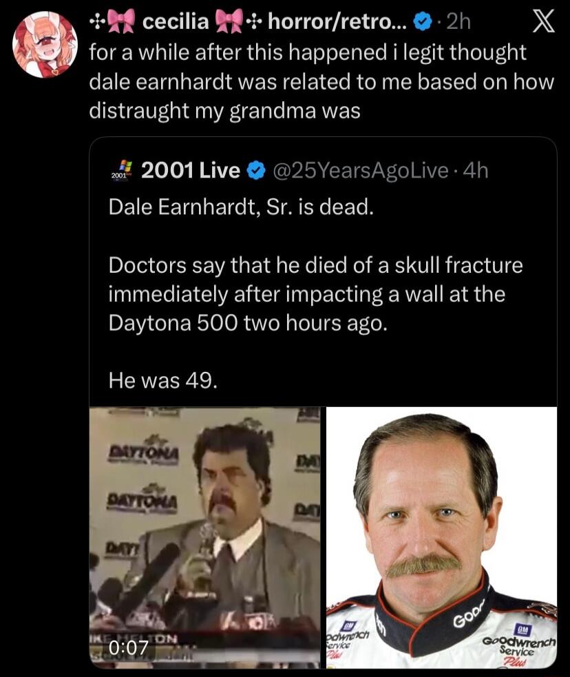 Dale Earnhardt, Sr. is dead. Doctors say that he died of a skull fracture immediately after impacting a wall at the Daytona 500 two hours ago. He was 49.