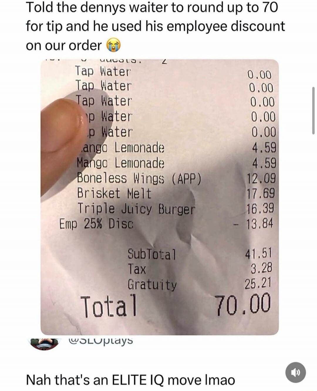 Told the dennys waiter to round up to 70 for tip and he used his employee discount on our order 😂

Tap Water 0.00
Tap Water 0.00
Tap Water 0.00
Tap Water 0.00
Mango Lemonade 4.59
Mango Lemonade 4.59
Boneless Wings (APP) 12.09
Brisket Melt 17.69
Triple Juicy Burger 16.39
Emp 25% Disc -13.84
Subtotal 41.51
Tax 3.28
Gratuity 25.21
Total 70.00