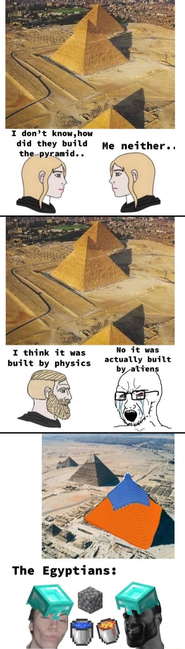 I don’t know, how did they build the pyramid..
Me neither..
I think it was built by physics
No it was actually built by aliens
The Egyptians: