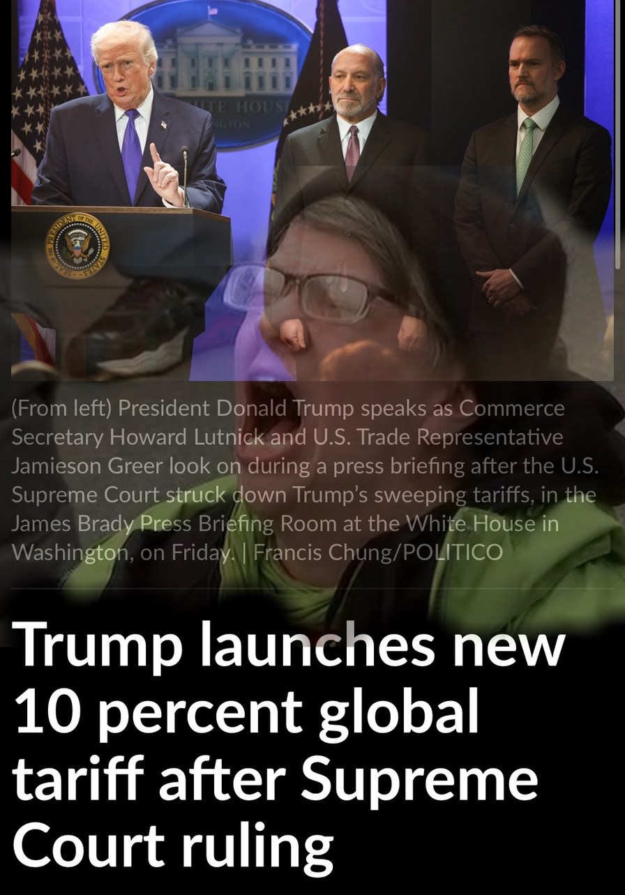 (From left) President Donald Trump speaks as Commerce Secretary Howard Lubnik and U.S. Trade Representative Jamieson Greer look on during a press briefing after the U.S. Supreme Court struck down Trump's sweeping tariffs, in the James Brady Press Briefing Room at the White House in Washington, on Friday. Trump launches new 10 percent global tariff 
