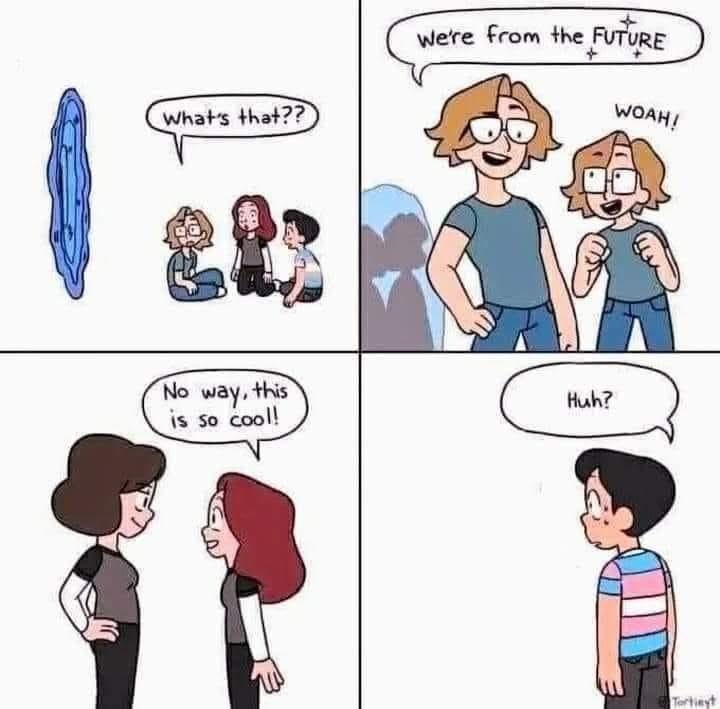 Panel 1: What's that??
Panel 2: we're from the FUTURE
Panel 3: Woah!
Panel 4: No way, this is so cool!!
Panel 5: Huh?