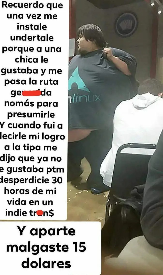 Recuerdo que una vez me instalé Undertale porque a una chica le gustaba y me pasa la ruta gen____, nomás para presumirle. Y cuando fui a decirle mi logro a la tía/piba me dijo que ya no le gustaba; ptm, desperdicié 30 horas de mi vida en un indie tron$. Y aparte malgasté 15 dólares.