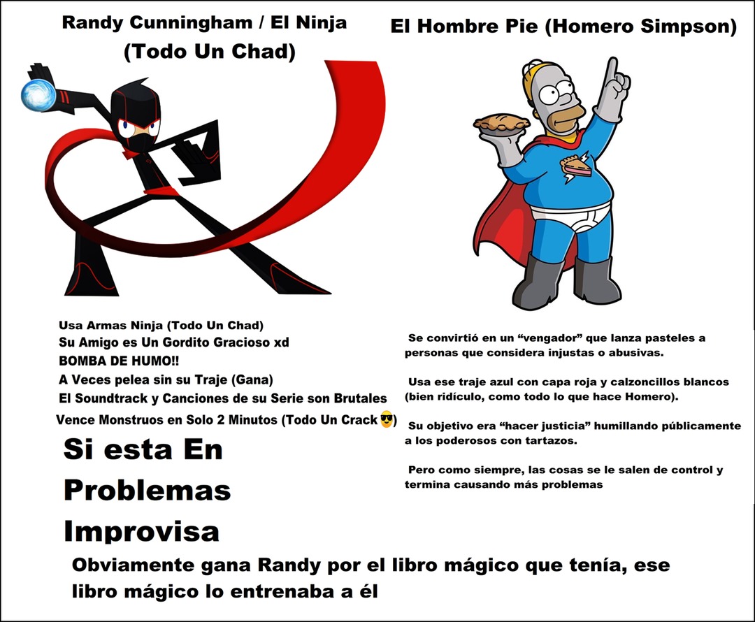 Randy Cunningham / El Ninja (Todo Un Chad)                               El Hombre Pie (Homero Simpson)

Usa Armas Ninja (Todo Un Chad)
Es Grandote y Odioso xd
BOMBA DE HUMO!!!
A Veces Pelea sin Suma Trage (Gana)
Si Encuentra Armas en Solo 2 Minutos (Todo Un Chad)

Si esta En Problemas Improvisa
Obviamente gana Randy por el libro mágico que tenía, 