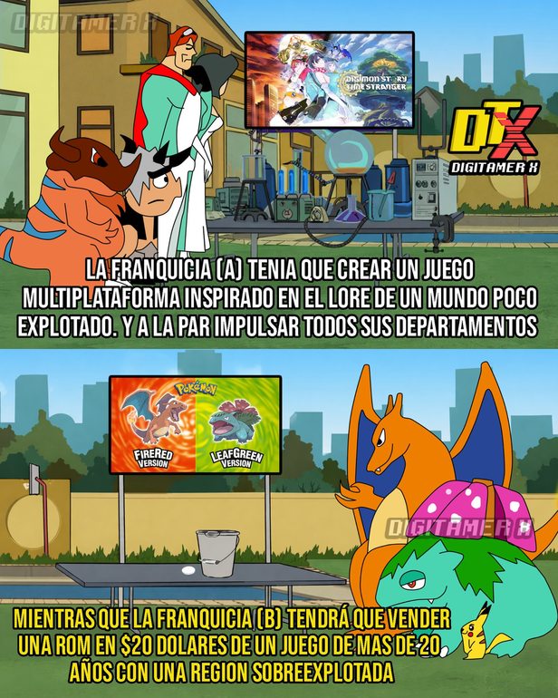 LA FRANQUICIA (A) TENIA QUE CREAR UN JUEGO MULTIPLATAFORMA INSPIRADO EN EL LORE DE UN MUNDO POCO EXPLOTADO. Y A LA PAR IMPULSAR TODOS SUS DEPARTAMENTOS

MIENTRAS QUE LA FRANQUICIA (B) TENDRÁ QUE VENDER UNA ROM EN $20 DOLARES DE UN JUEGO DE MAS DE 20 AÑOS CON UNA REGIÓN SOBREEXPLOTADA.