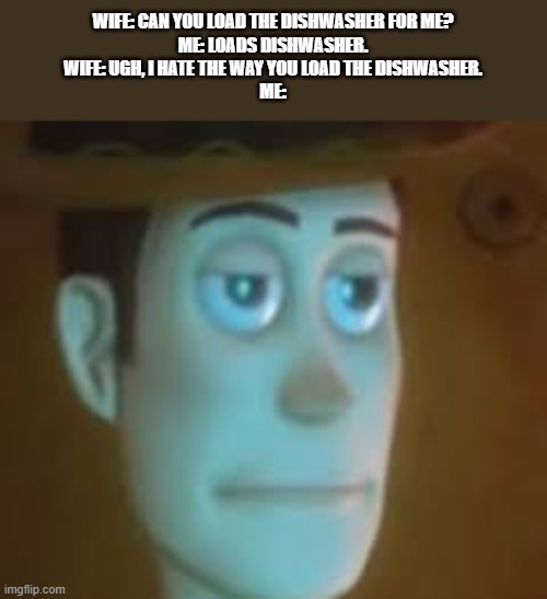 WIFE: CAN YOU LOAD THE DISHWASHER FOR ME? ME: LOADS DISHWASHER. WIFE: UGH, I HATE THE WAY YOU LOAD THE DISHWASHER. ME: