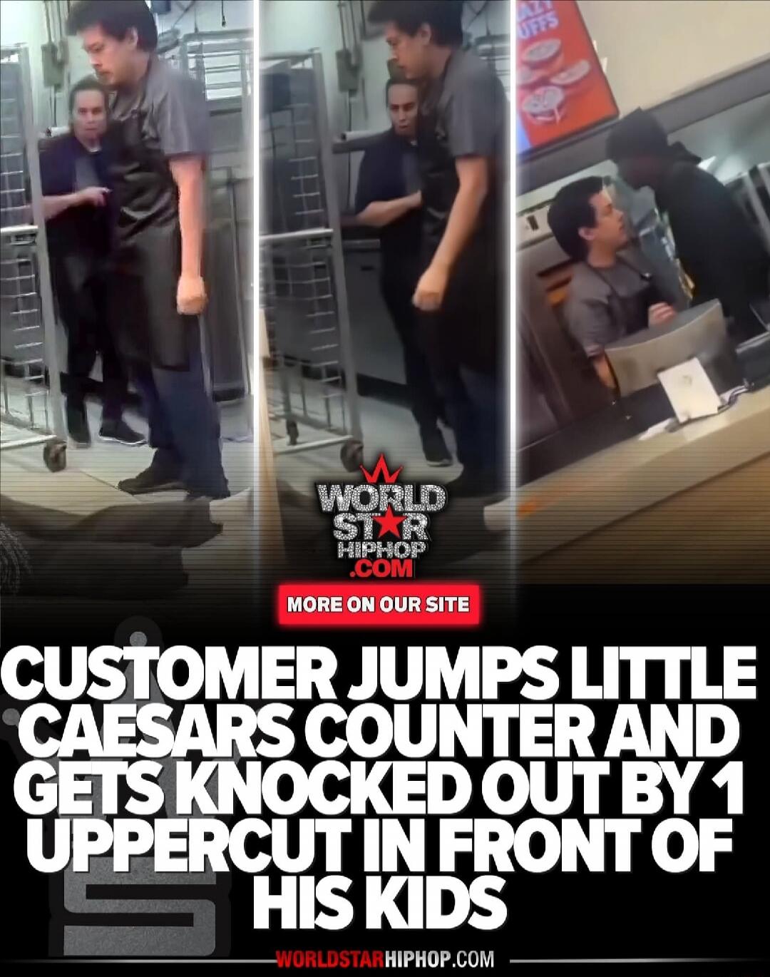 CUSTOMER JUMPS LITTLE CAESARS COUNTER AND GETS KNOCKED OUT BY 1 UPPERCUT IN FRONT OF HIS KIDS