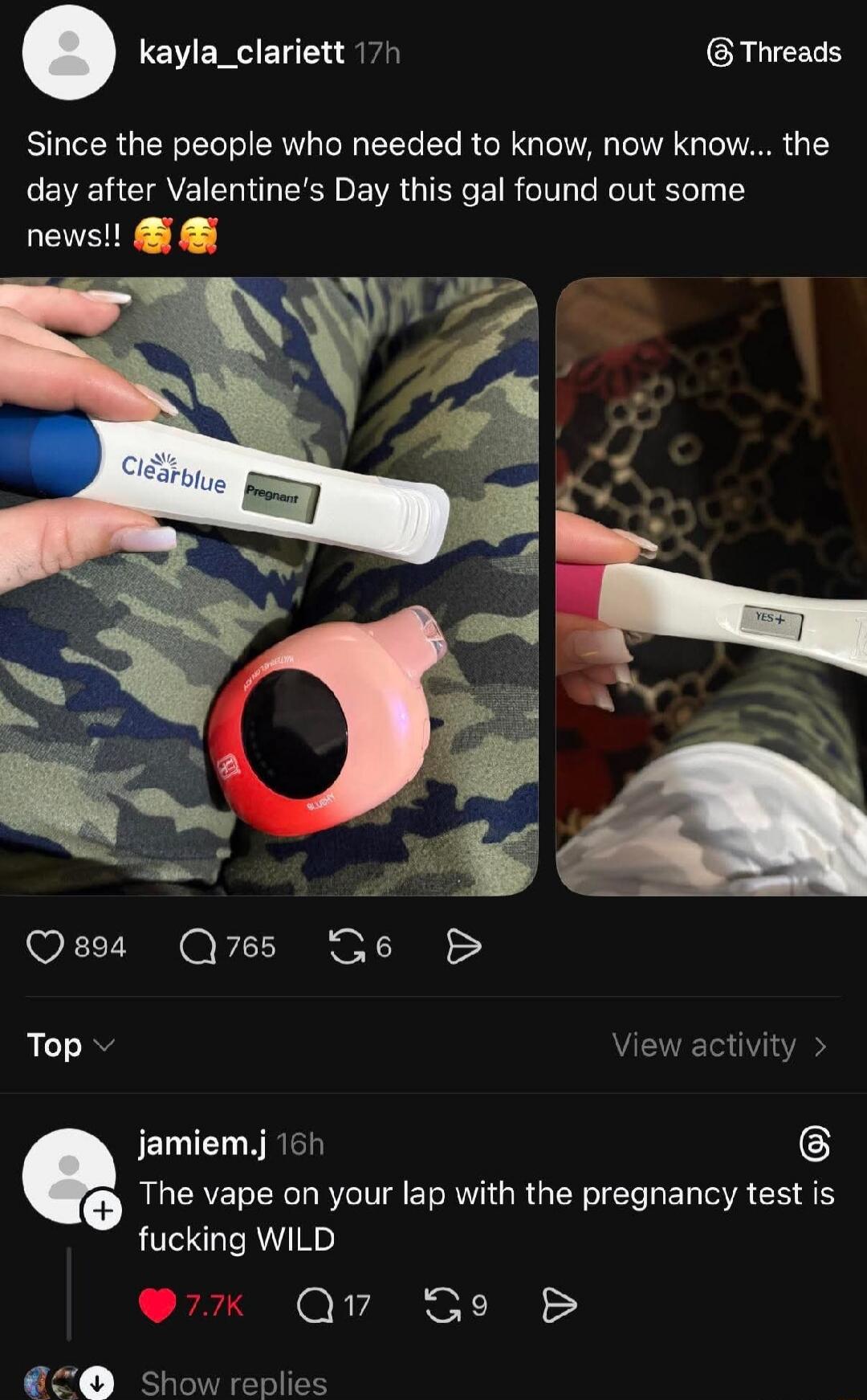 Since the people who needed to know, now know... the day after Valentine's Day this gal found out some news!! 🥰🥰

The vape on your lap with the pregnancy test is fucking WILD
