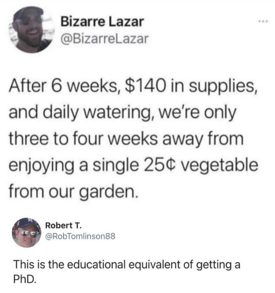 After 6 weeks, $140 in supplies, and daily watering, we’re only three to four weeks away from enjoying a single 25¢ vegetable from our garden.
This is the educational equivalent of getting a PhD.