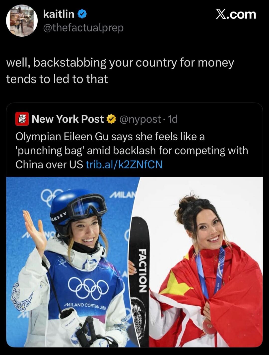 well, backstabbing your country for money tends to lead to that

Olympian Eileen Gu says she feels like a 'punching bag' amid backlash for competing with China over US