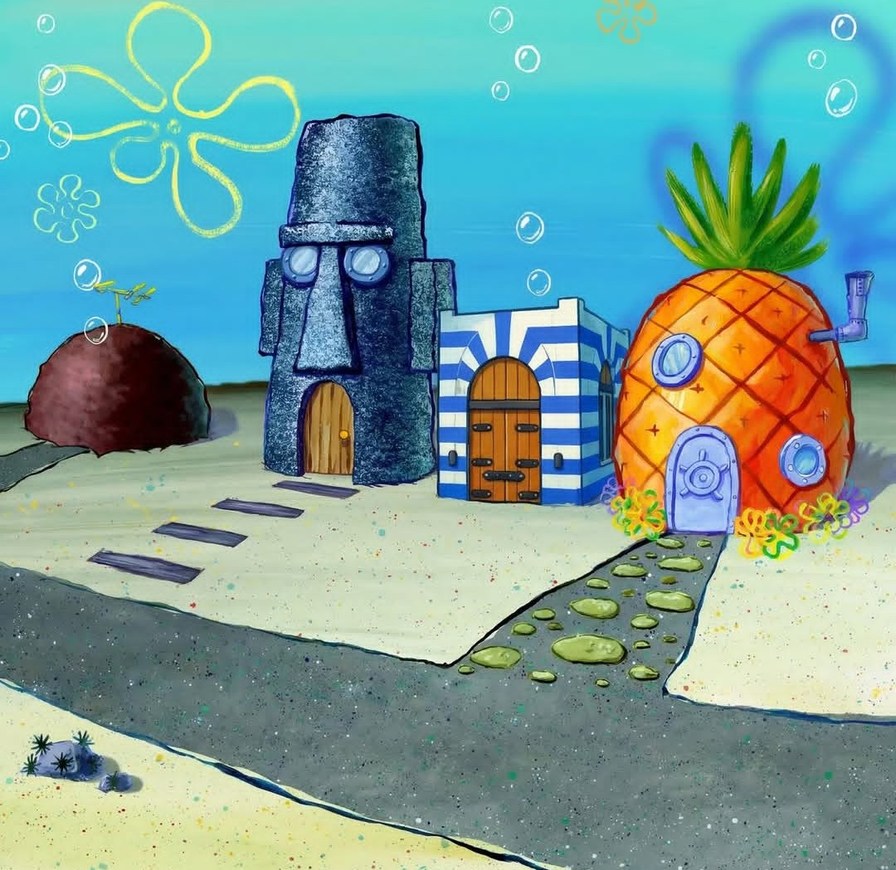 Ciudad submarina con casas: una casa en forma de piña, una casa azul y blanca, una estatua tipo moái y una casa redonda de roca