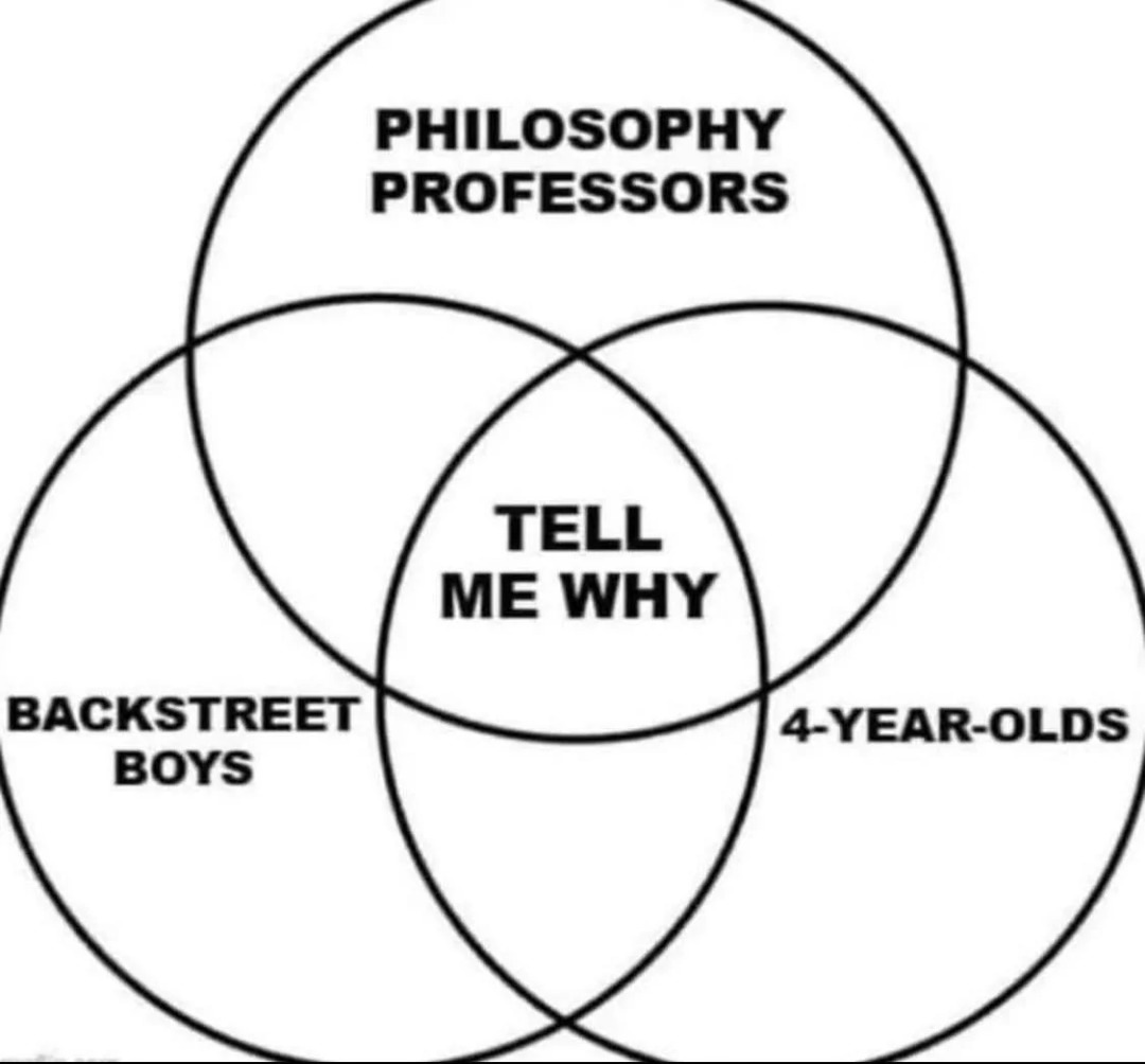 PHILOSOPHY PROFESSORS
BACKSTREET BOYS
4-YEAR-OLDS
TELL ME WHY