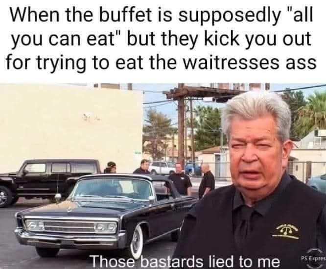 When the buffet is supposedly 'all you can eat' but they kick you out for trying to eat the waitress's ass
Those bastards lied to me