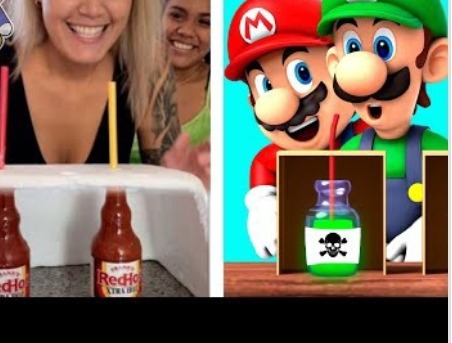 À esquerda: duas garrafas de molho com canudo na bebida. À direita: Mario e Luigi olhando para uma garrafa com símbolo de veneno e canudo.