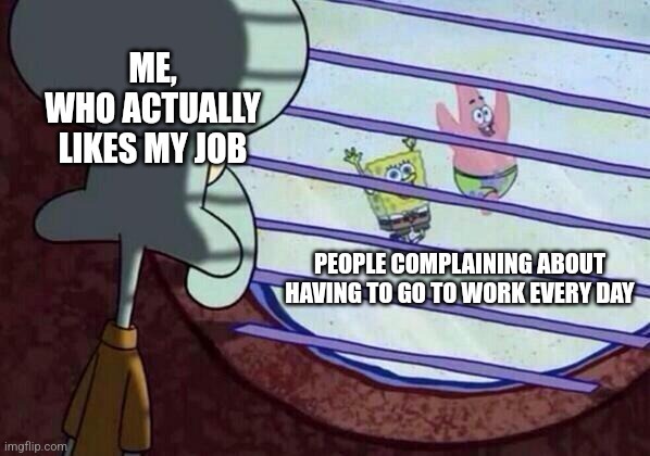 ME, WHO ACTUALLY LIKES MY JOB
PEOPLE COMPLAINING ABOUT HAVING TO GO TO WORK EVERY DAY