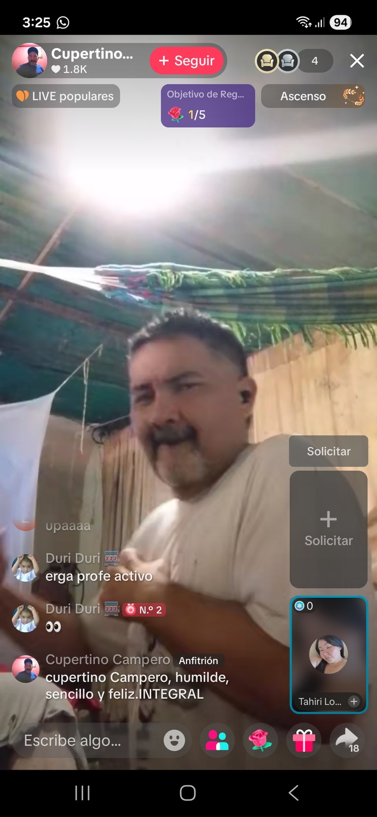 3:25 Cupertino Campero + Seguir LIVE populares Objetivo de Reg... 1/5 Ascenso Solicitar + Solicitar upaaa Duri Duri erga profe activo Duri Duri N° 2 Cupertino Campero Anfitrión Cupertino Campero, humilde, sencillo y feliz. INTEGRAL Escribe algo...