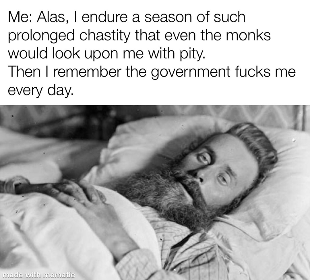 Me: Alas. I endure a season of such prolonged chastity that even the monks would look upon me with pity. Then I remember the government fucks me every day.