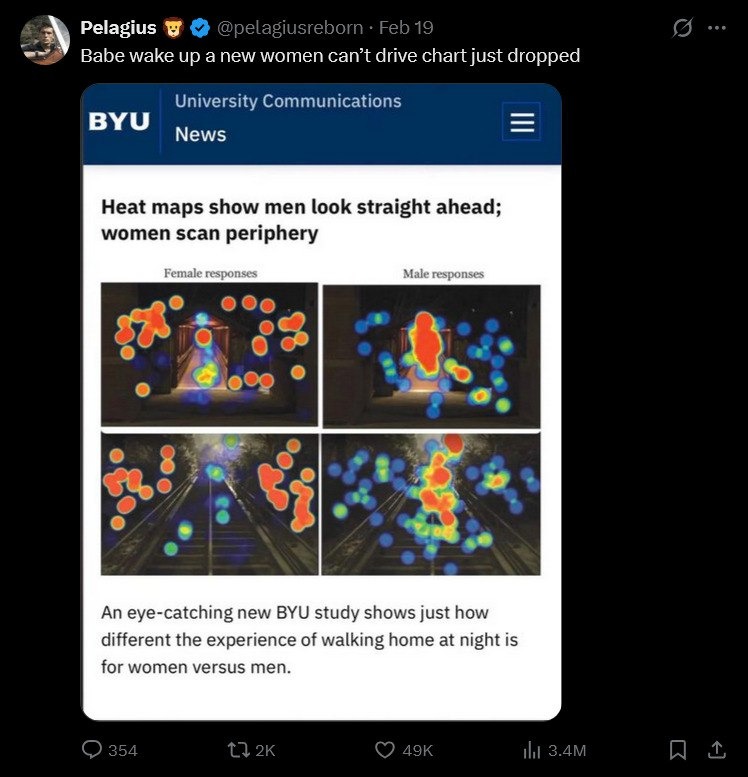 Babe wake up a new women can't drive chart just dropped

Heat maps show men look straight ahead; women scan periphery

Female responses vs Male responses

An eye-catching new BYU study shows just how different the experience of walking home at night is for women versus men.
