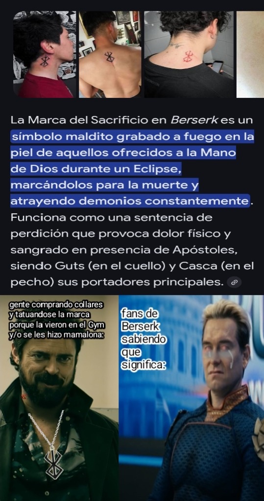 La Marca del Sacrificio en Berserk es un símbolo maldito grabado a fuego en la piel de aquellos ofrecidos a la Mano de Dios durante un Eclipse, marcándolos para la muerte y atrayendo demonios constantemente. Funciona como una sentencia de perdición que provoca dolor físico y sangrado en presencia de Apóstoles, siendo Guts (en el cuello) y Casca (en