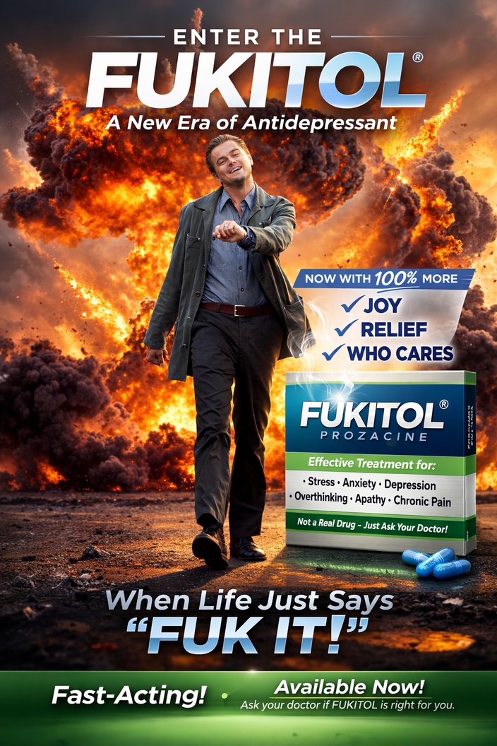 ENTER THE FUKITOL A New Era of Antidepressant NOW WITH 100% MORE JOY RELIEF WHO CARES FUKITOL PROZACINE Effective Treatment for: Stress • Anxiety • Depression • Overthinking • Apathy • Chronic Pain Not a Real Drug - Just Ask Your Doctor! When Life Just Says “FUK IT!” Available Now! Fast-Acting! Ask your doctor if FUKITOL is right for you